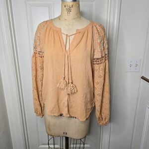 Nichole Miller Artelier cantaloupe linen embroidered womens long sleeve  top L‎